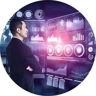 a man looking at data on a virtual dashboard showcasing predictive analytics capabilities 