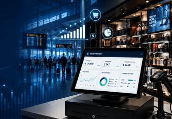 Retail POS analytics dashboard overlaid on an airport duty-free checkout